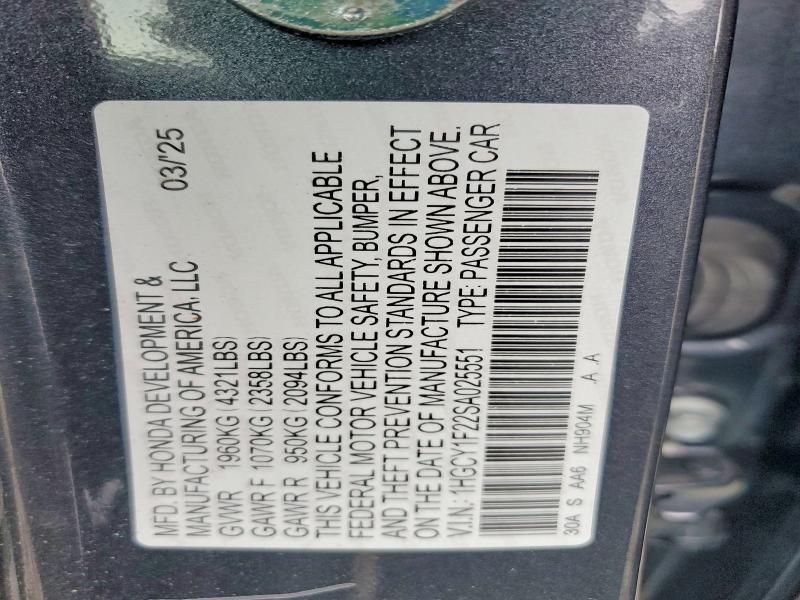 Aukcja sprzedaży 2025 Honda Accord, vin: 1HGCY1F22SA025551, numer aukcji: 51411446