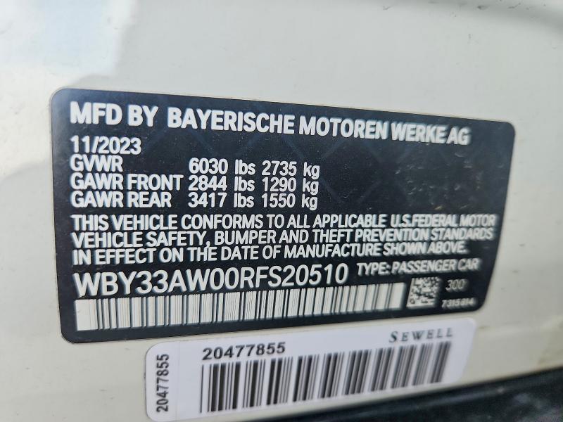 49492486 :رقم المزاد ، WBY33AW00RFS20510 vin ، 2024 Bmw I4 مزاد بيع