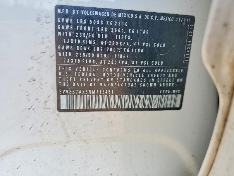 Auction sale of the 2022 Volkswagen Tiguan, vin: 3VV8B7AX5NM113451, lot number: 50712976