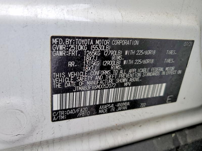 51480016 :رقم المزاد ، JTMAB3FV6MD052072 vin ، 2021 Toyota Rav4 Prime مزاد بيع