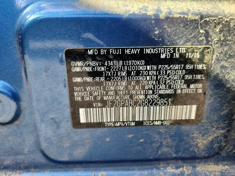 50195616 :رقم المزاد ، JF2GPABC2G8229851 vin ، 2016 Subaru Crosstrek مزاد بيع