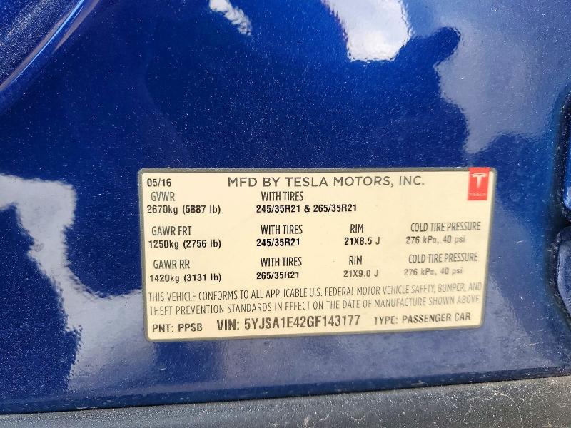 Aukcja sprzedaży 2016 Tesla Model S, vin: 5YJSA1E42GF143177, numer aukcji: 48085716