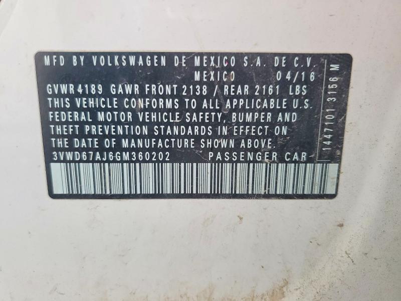 50680376 :رقم المزاد ، 3VWD67AJ6GM360202 vin ، 2016 Volkswagen Jetta مزاد بيع