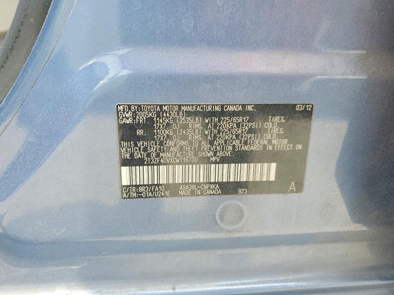 Aukcja sprzedaży 2012 Toyota Rav4, vin: 2T3ZF4DVXCW116700, numer aukcji: 51995166