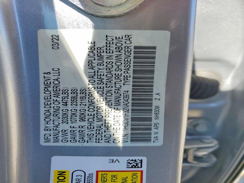 2022 Honda Accord მანქანა იყიდება აუქციონზე, vin: 1HGCV1F32NA043974, აუქციონის ნომერი: 48536176