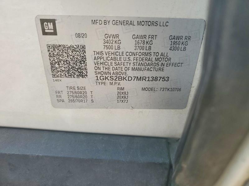 51382056 :رقم المزاد ، 1GKS2BKD7MR138753 vin ، 2021 Gmc Yukon مزاد بيع
