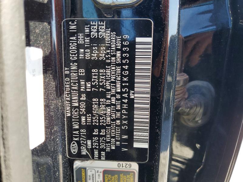 49947776 :رقم المزاد ، 5XYPH4A51KG453369 vin ، 2019 Kia Sorento مزاد بيع