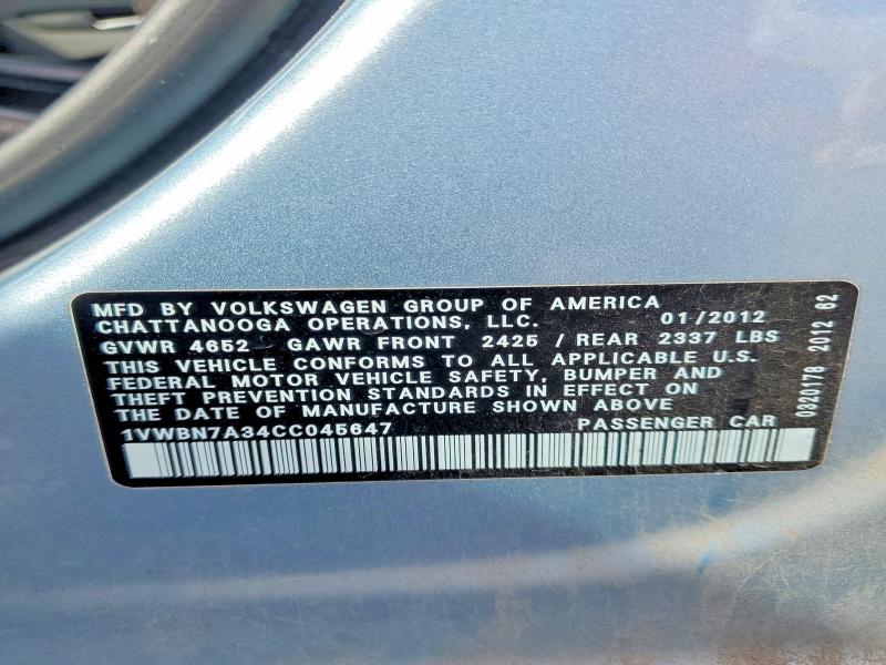 2012 Volkswagen Passat მანქანა იყიდება აუქციონზე, vin: 1VWBN7A34CC045647, აუქციონის ნომერი: 51124986