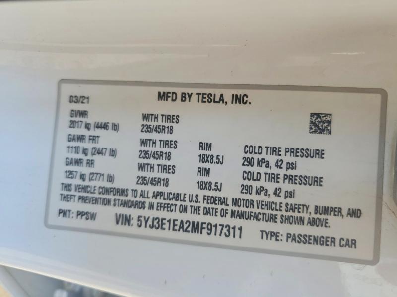 Продаж на аукціоні авто 2021 Tesla Model 3, vin: 5YJ3E1EA2MF917311, номер лоту: 50623296