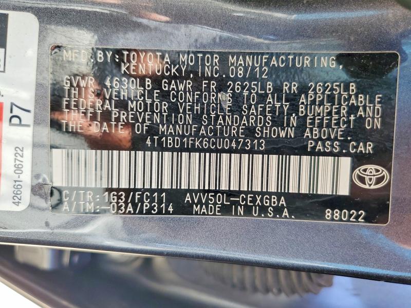 Aukcja sprzedaży 2012 Toyota Camry Hybrid, vin: 4T1BD1FK6CU047313, numer aukcji: 50675446