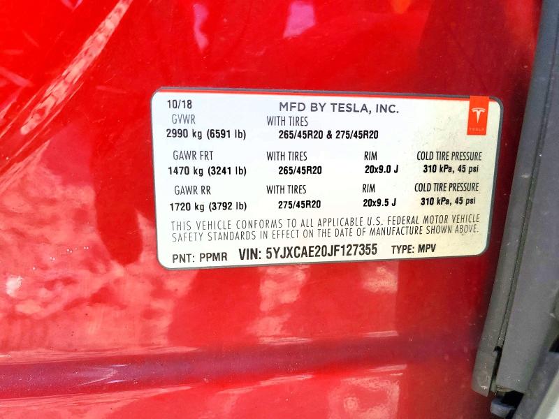 50899406 :رقم المزاد ، 5YJXCAE20JF127355 vin ، 2018 Tesla Model X مزاد بيع