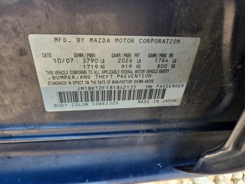 48354566 :رقم المزاد ، JM1BK12F181842135 vin ، 2008 Mazda 3 مزاد بيع