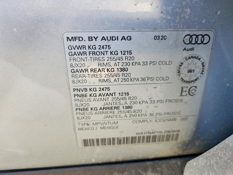 48718496 :رقم المزاد ، WA1FNAFY0L2083608 vin ، 2020 Audi Q5 مزاد بيع