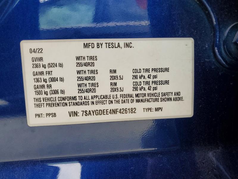 50171416 :رقم المزاد ، 7SAYGDEE4NF426182 vin ، 2022 Tesla Model Y مزاد بيع