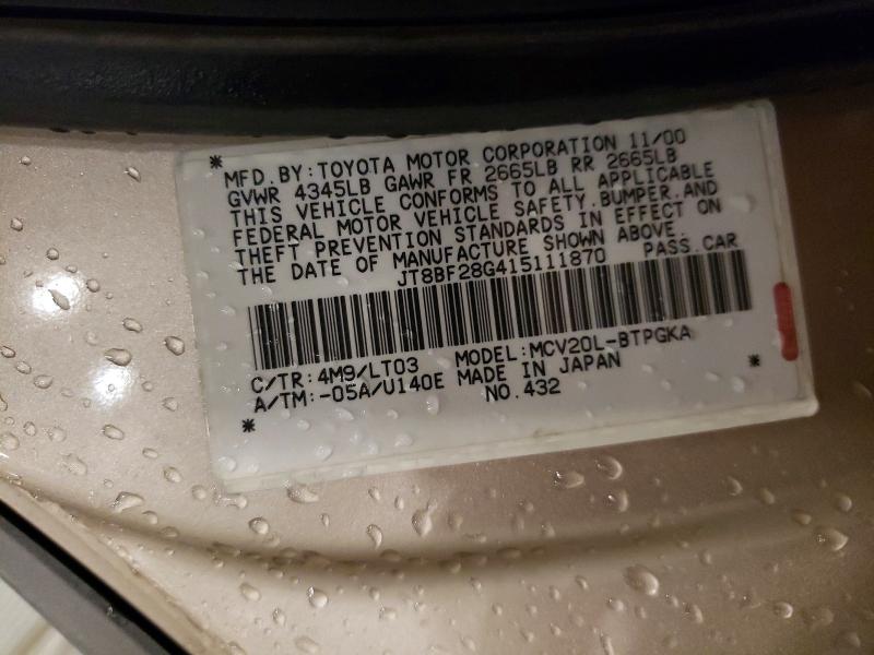 2001 Lexus Es მანქანა იყიდება აუქციონზე, vin: JT8BF28G415111870, აუქციონის ნომერი: 51290886