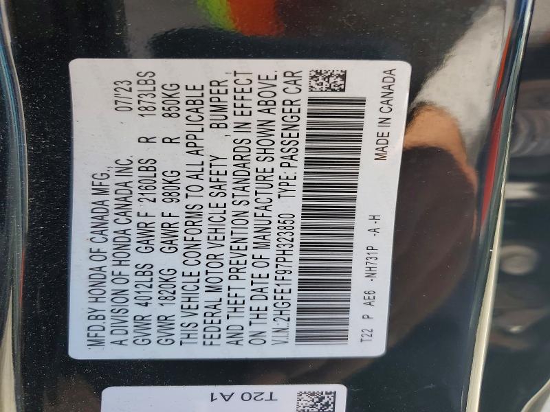 49644766 :رقم المزاد ، 2HGFE1F97PH323850 vin ، 2023 Honda Civic مزاد بيع