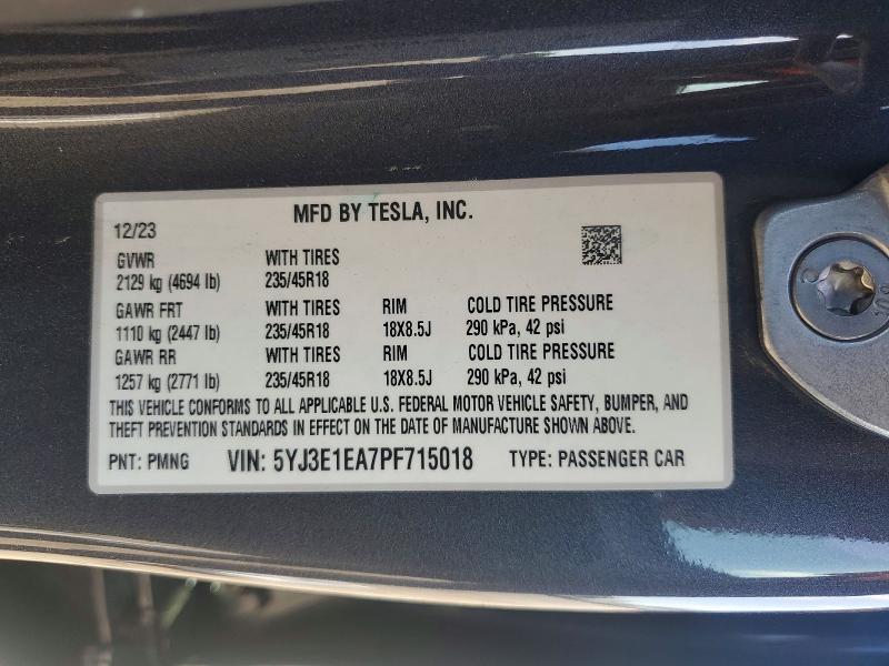2023 Tesla Model 3 მანქანა იყიდება აუქციონზე, vin: 5YJ3E1EA7PF715018, აუქციონის ნომერი: 48270286