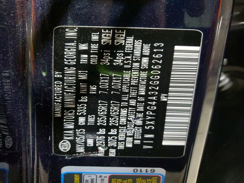 2016 Kia Sorento მანქანა იყიდება აუქციონზე, vin: 5XYPG4A32GG062613, აუქციონის ნომერი: 50192596