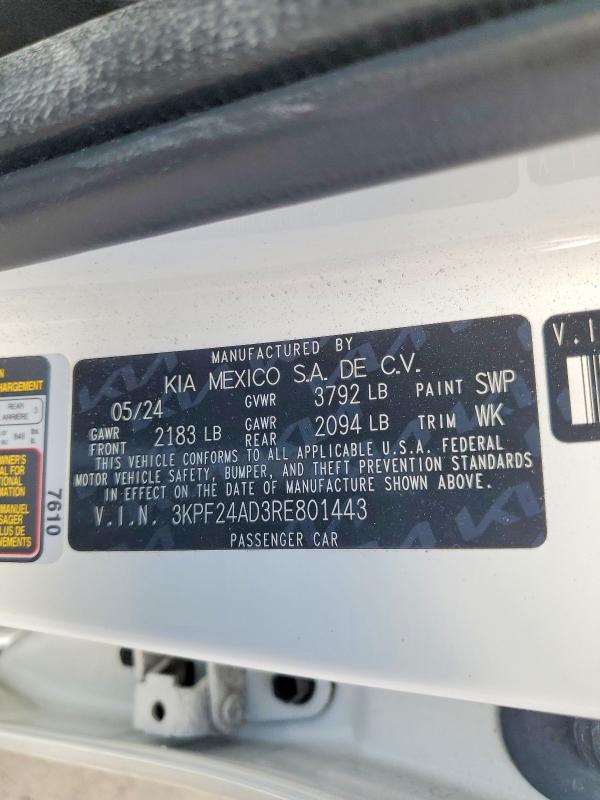 Aukcja sprzedaży 2024 Kia Forte, vin: 3KPF24AD3RE801443, numer aukcji: 51150986