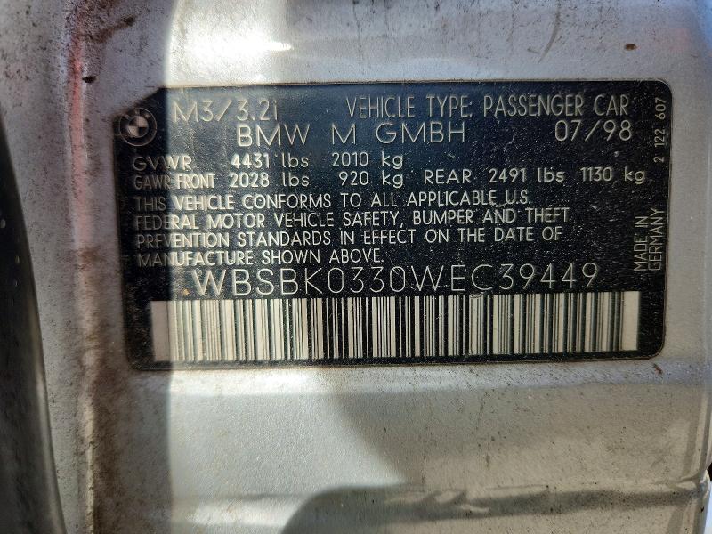 1998 Bmw M3 მანქანა იყიდება აუქციონზე, vin: WBSBK0330WEC39449, აუქციონის ნომერი: 49176276
