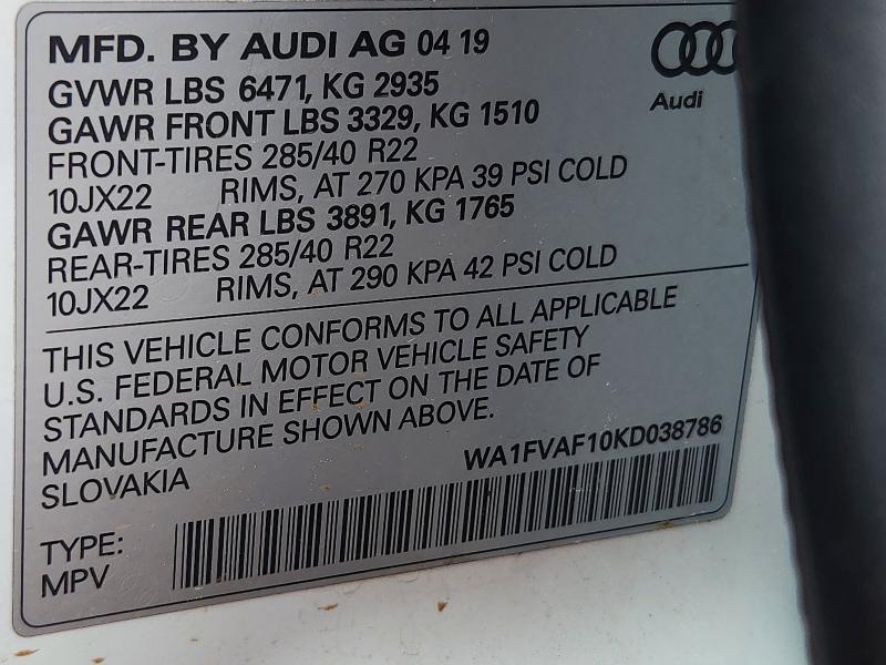 Aukcja sprzedaży 2019 Audi Q8, vin: WA1FVAF10KD038786, numer aukcji: 50396746