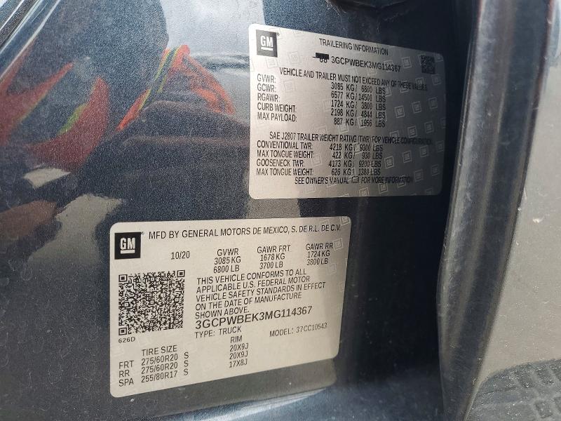 2021 Chevrolet Silverado მანქანა იყიდება აუქციონზე, vin: 3GCPWBEK3MG114367, აუქციონის ნომერი: 50859716
