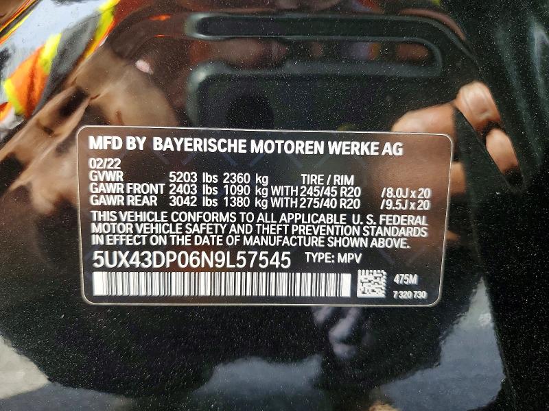 49836286 :رقم المزاد ، 5UX43DP06N9L57545 vin ، 2022 Bmw X3 مزاد بيع