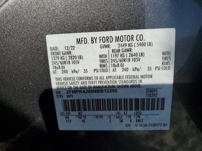 2022 Ford Edge Sel მანქანა იყიდება აუქციონზე, vin: 2FMPK4J96NBB13398, აუქციონის ნომერი: 51255306