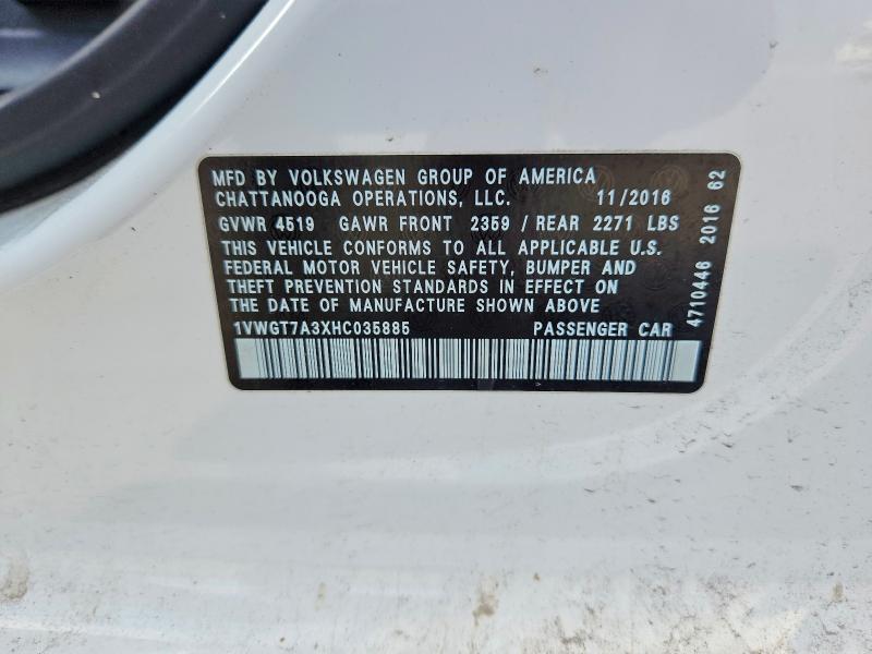 Aukcja sprzedaży 2017 Volkswagen Passat, vin: 1VWGT7A3XHC035885, numer aukcji: 50381586