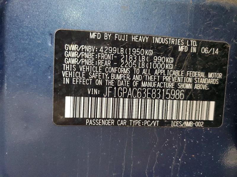 51451826 :رقم المزاد ، JF1GPAC63E8315986 vin ، 2014 Subaru Impreza مزاد بيع
