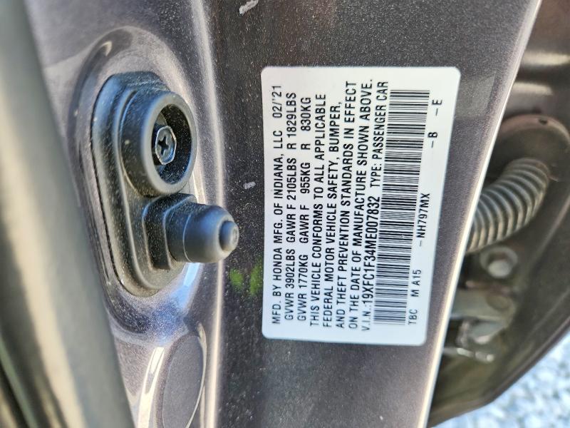 50294006 :رقم المزاد ، 19XFC1F34ME007832 vin ، 2021 Honda Civic مزاد بيع