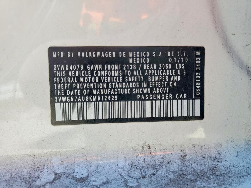 2019 Volkswagen Golf მანქანა იყიდება აუქციონზე, vin: 3VWG57AU8KM012629, აუქციონის ნომერი: 49898646