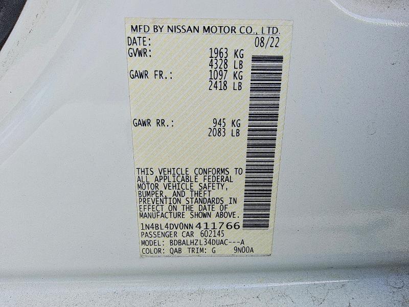 Aukcja sprzedaży 2022 Nissan Altima, vin: 1N4BL4DV0NN411766, numer aukcji: 51109516