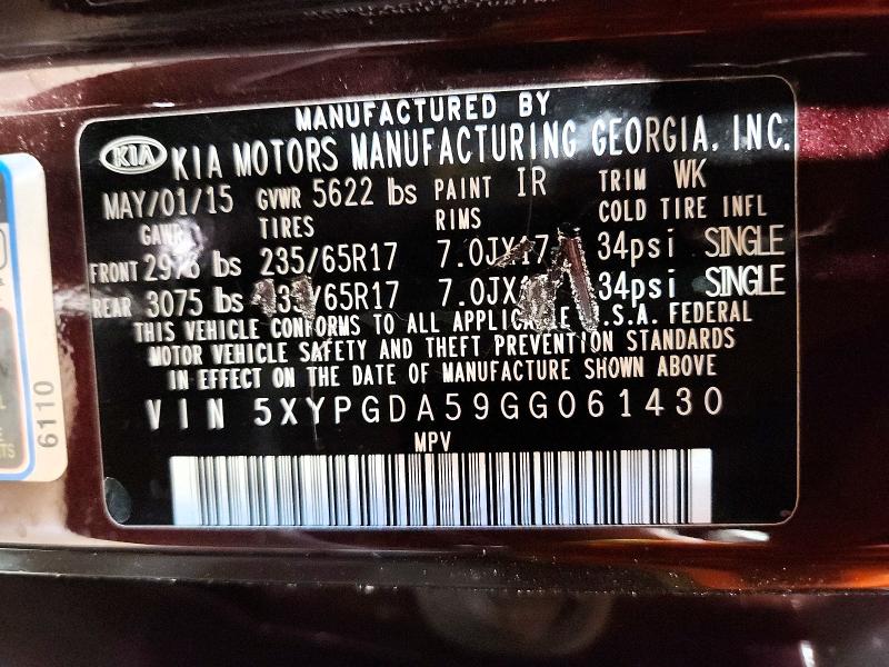 2016 Kia Sorento მანქანა იყიდება აუქციონზე, vin: 5XYPGDA59GG061430, აუქციონის ნომერი: 49861946