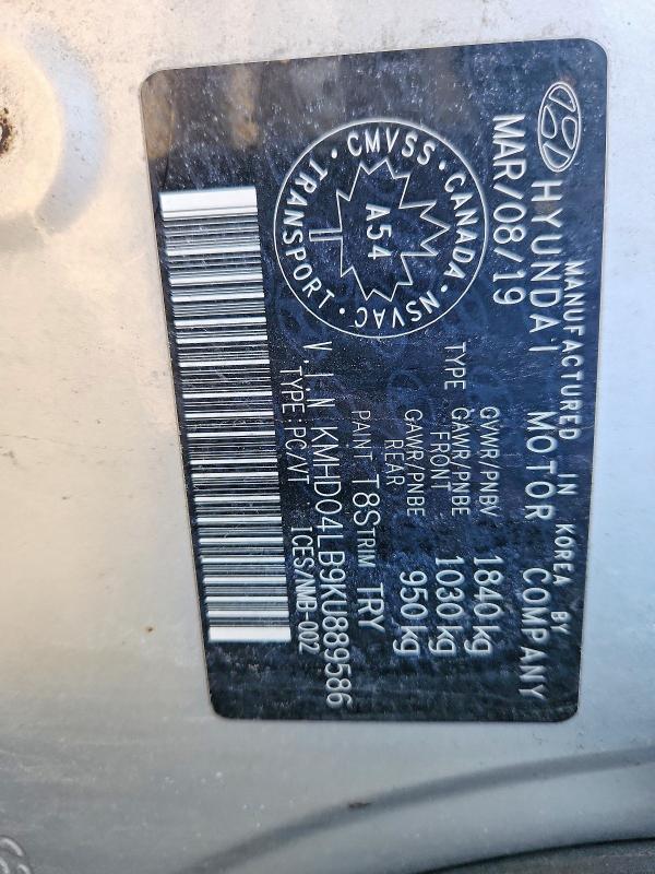 48785536 :رقم المزاد ، KMHD04LB9KU889586 vin ، 2019 Hyundai Elantra مزاد بيع