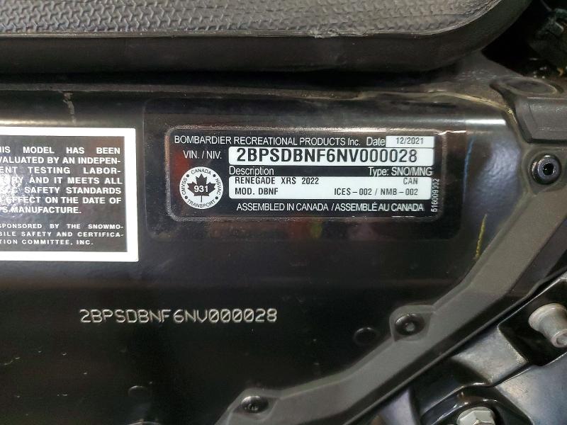 2022 Ski-doo Renegade Xrs მანქანა იყიდება აუქციონზე, vin: 2BPSDBNF6NV000028, აუქციონის ნომერი: 46187826