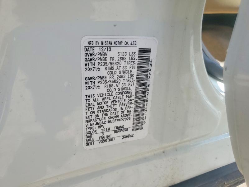 2014 Nissan Murano მანქანა იყიდება აუქციონზე, vin: JN8AZ1MU3EW407025, აუქციონის ნომერი: 50719476