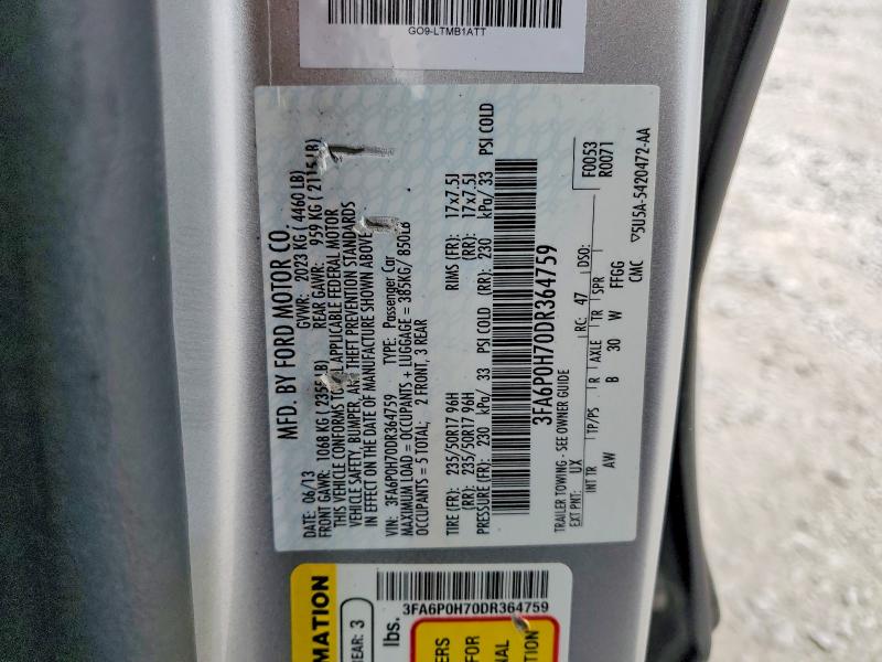 2013 Ford Fusion მანქანა იყიდება აუქციონზე, vin: 3FA6P0H70DR364759, აუქციონის ნომერი: 50047726