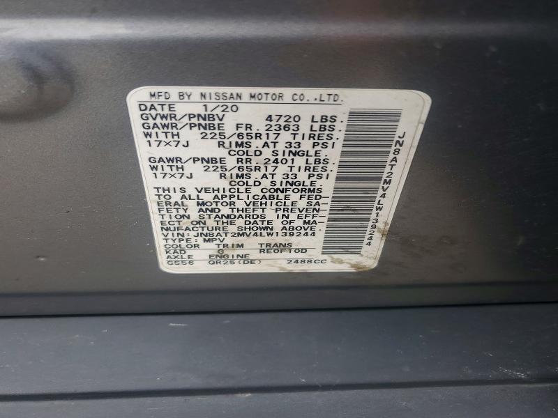 50242846 :رقم المزاد ، JN8AT2MV4LW139244 vin ، 2020 Nissan Rogue مزاد بيع