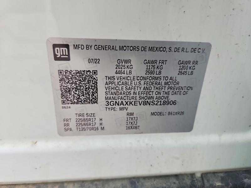 Продаж на аукціоні авто 2022 Chevrolet Equinox, vin: 3GNAXKEV8NS218906, номер лоту: 49727776