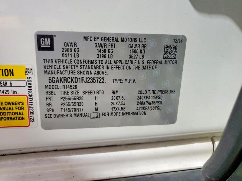 Продаж на аукціоні авто 2015 Buick Enclave, vin: 5GAKRCKD1FJ235723, номер лоту: 50430106