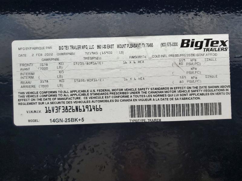 2022 Big Tex Trailer Co Inc Trailers მანქანა იყიდება აუქციონზე, vin: 16V3F3826N6191466, აუქციონის ნომერი: 50241576