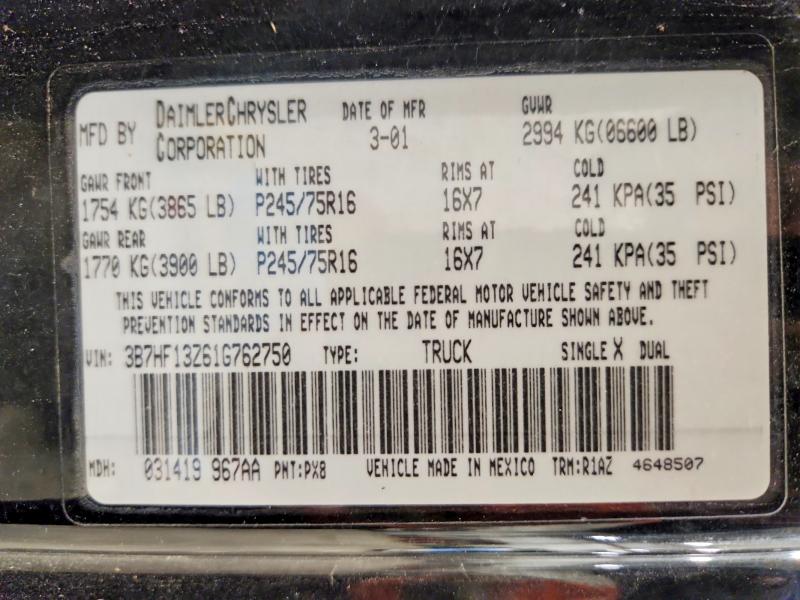 2001 Dodge Ram 1500 მანქანა იყიდება აუქციონზე, vin: 3B7HF13Z61G762750, აუქციონის ნომერი: 49025696
