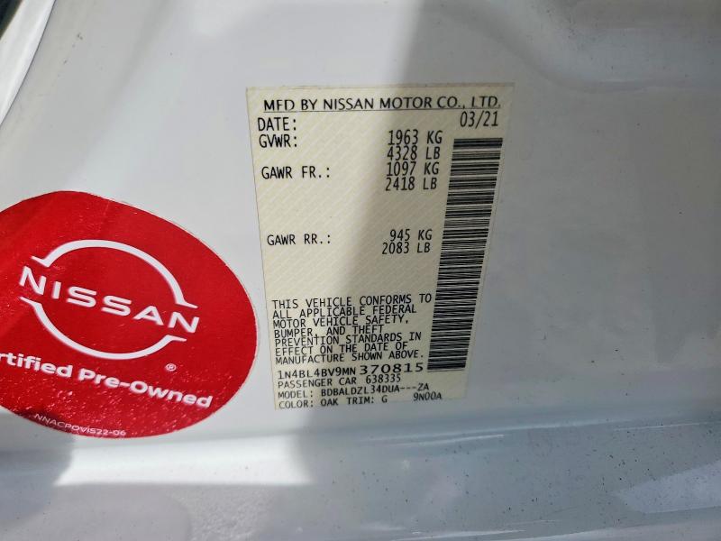 2021 Nissan Altima მანქანა იყიდება აუქციონზე, vin: 1N4BL4BV9MN370815, აუქციონის ნომერი: 49868606