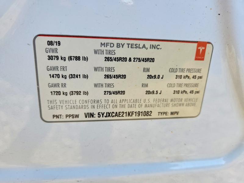 2019 Tesla Model X მანქანა იყიდება აუქციონზე, vin: 5YJXCAE21KF191082, აუქციონის ნომერი: 49830796