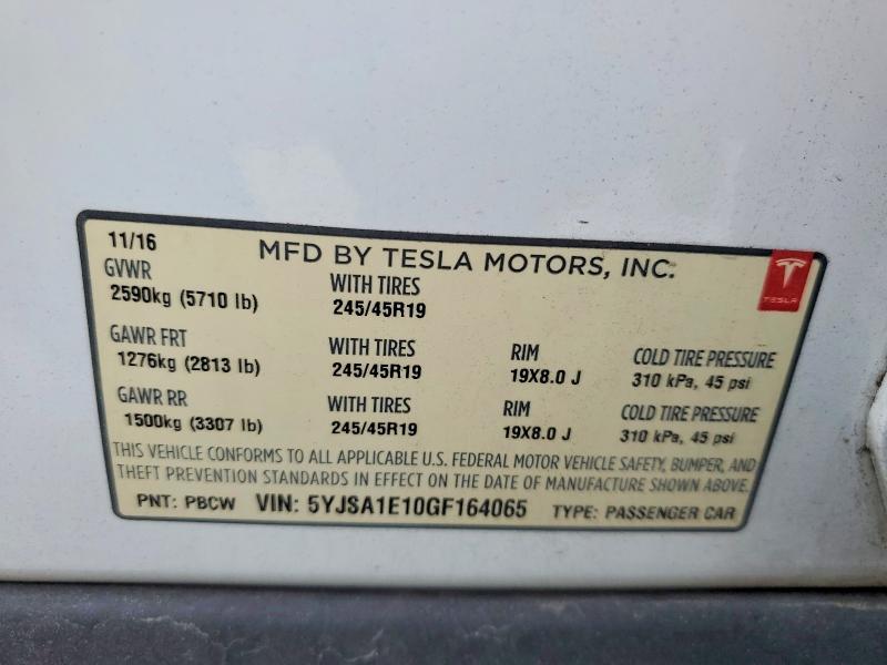 2016 Tesla Model S მანქანა იყიდება აუქციონზე, vin: 5YJSA1E10GF164065, აუქციონის ნომერი: 48359976