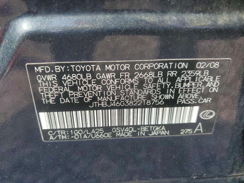 Aukcja sprzedaży 2008 Lexus Es, vin: JTHBJ46G382218756, numer aukcji: 49699596