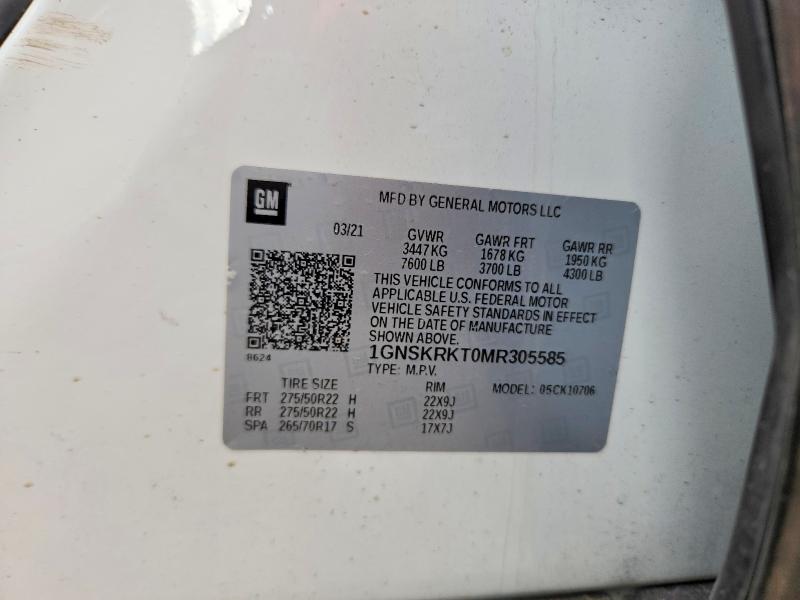 2021 Chevrolet Tahoe მანქანა იყიდება აუქციონზე, vin: 1GNSKRKT0MR305585, აუქციონის ნომერი: 51002996