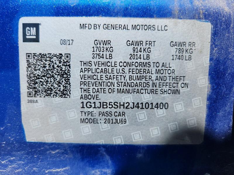 Aukcja sprzedaży 2018 Chevrolet Sonic, vin: 1G1JB5SH2J4101400, numer aukcji: 48585746