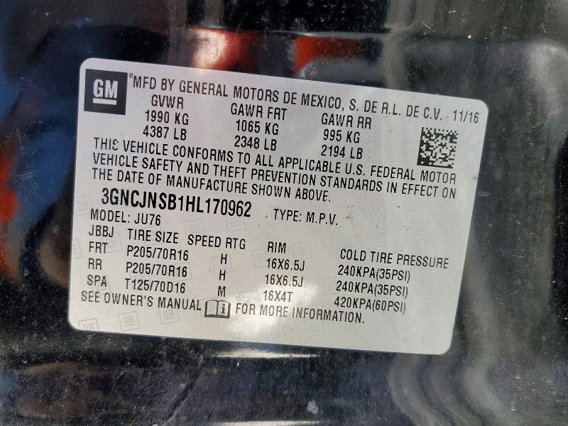 49059016 :رقم المزاد ، 3GNCJNSB1HL170962 vin ، 2017 Chevrolet Trax مزاد بيع